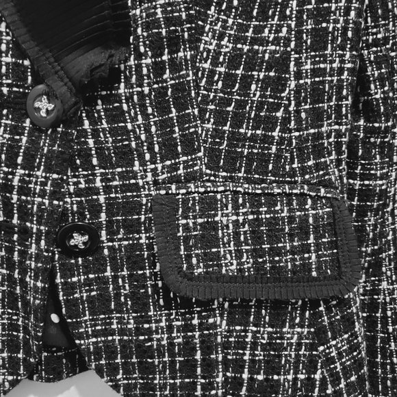 White House Black Market Black & White Tweed Blazer with Silky Ruffle Trim - Picture 6 of 13